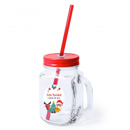 Pot en verre avec paille avec autocollant de Noël personnalisable pour plus de détails
