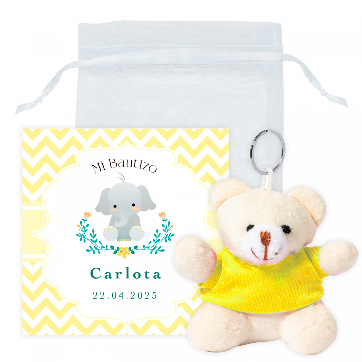 Porte-clés ours avec carte de remerciement dans une pochette en organza blanc pour les détails du baptême