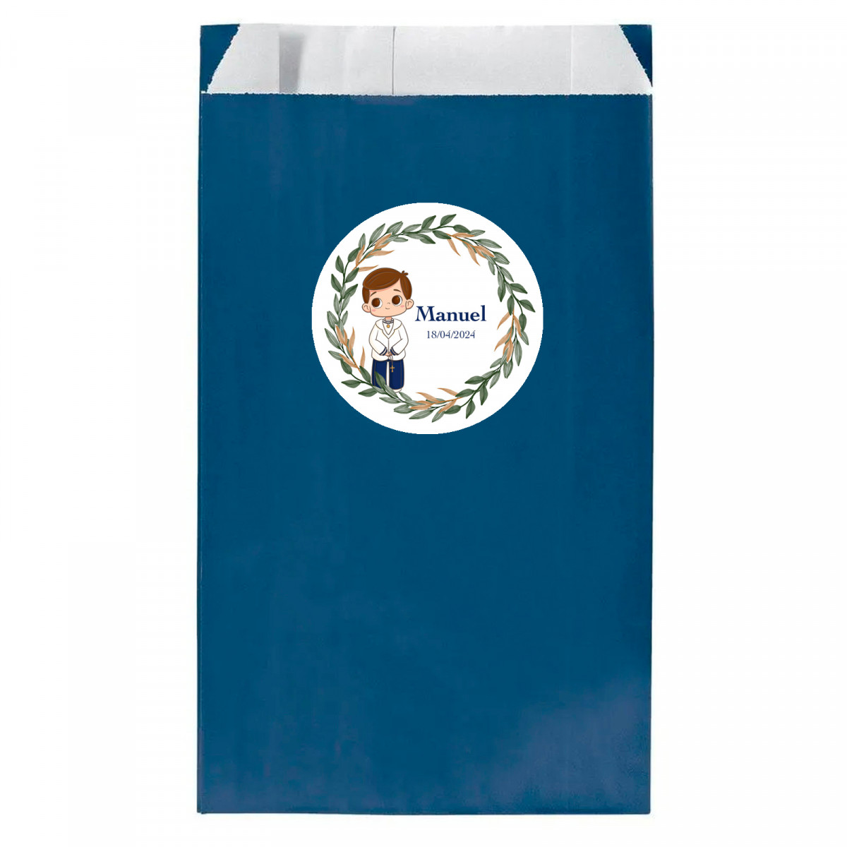 Sur papier kraft bleu marine 7x12cm avec adhésif première communion garçon personnalisable