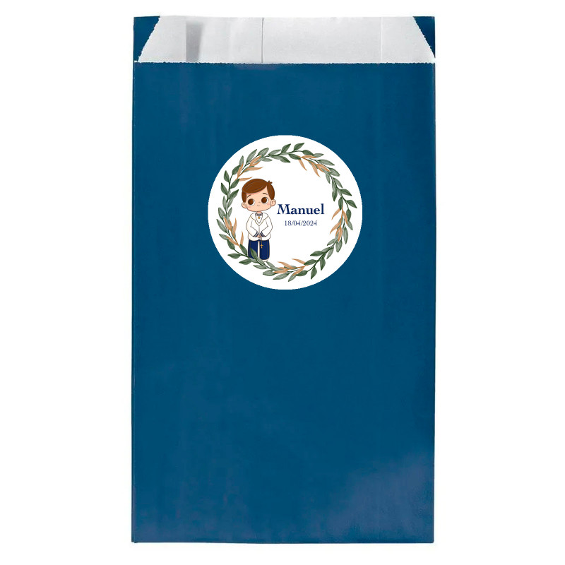 Sur papier kraft bleu marine 7x12cm avec adhésif première communion garçon personnalisable