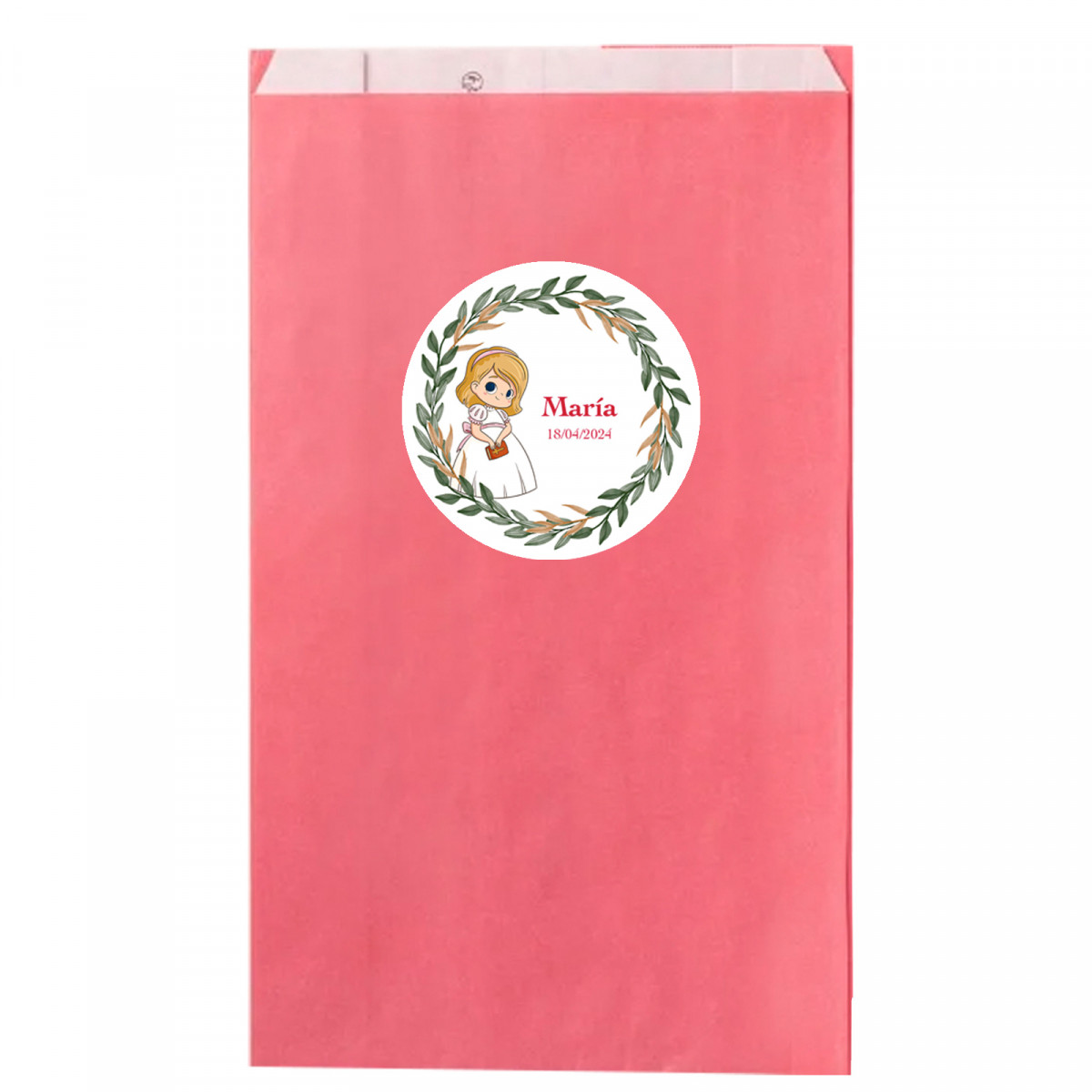 Sur papier kraft rose 7x12cm avec adhésif personnalisable première communion fille