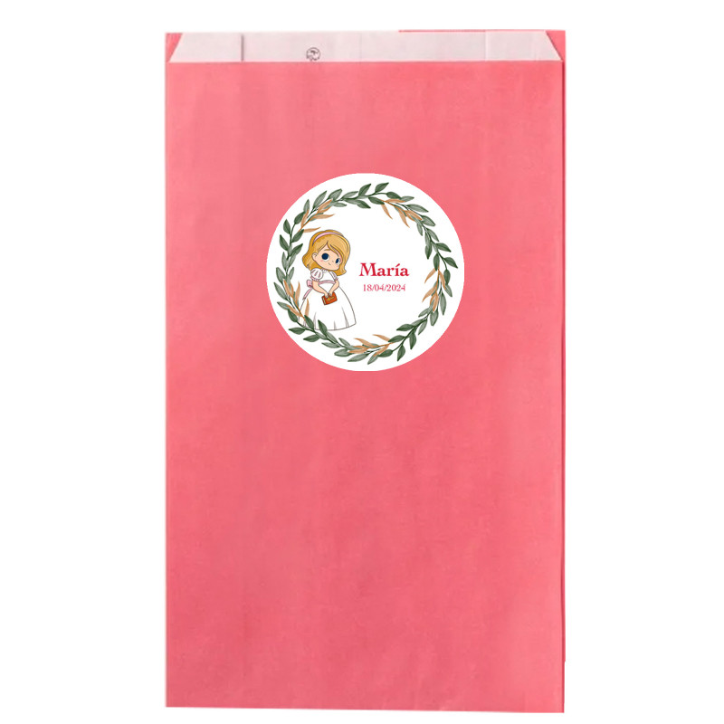 Sur papier kraft rose 7x12cm avec adhésif personnalisable première communion fille