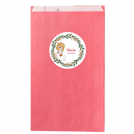 Sur papier kraft rose 7x12cm avec adhésif personnalisable première communion fille