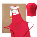 Tablier et chapeau de cuisine dans un sachet avec autocollant personnalisable pour plus de détails