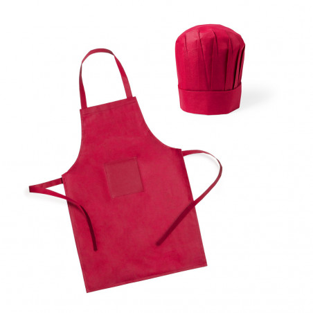 Tablier et chapeau de cuisine dans un sachet avec autocollant personnalisable pour plus de détails