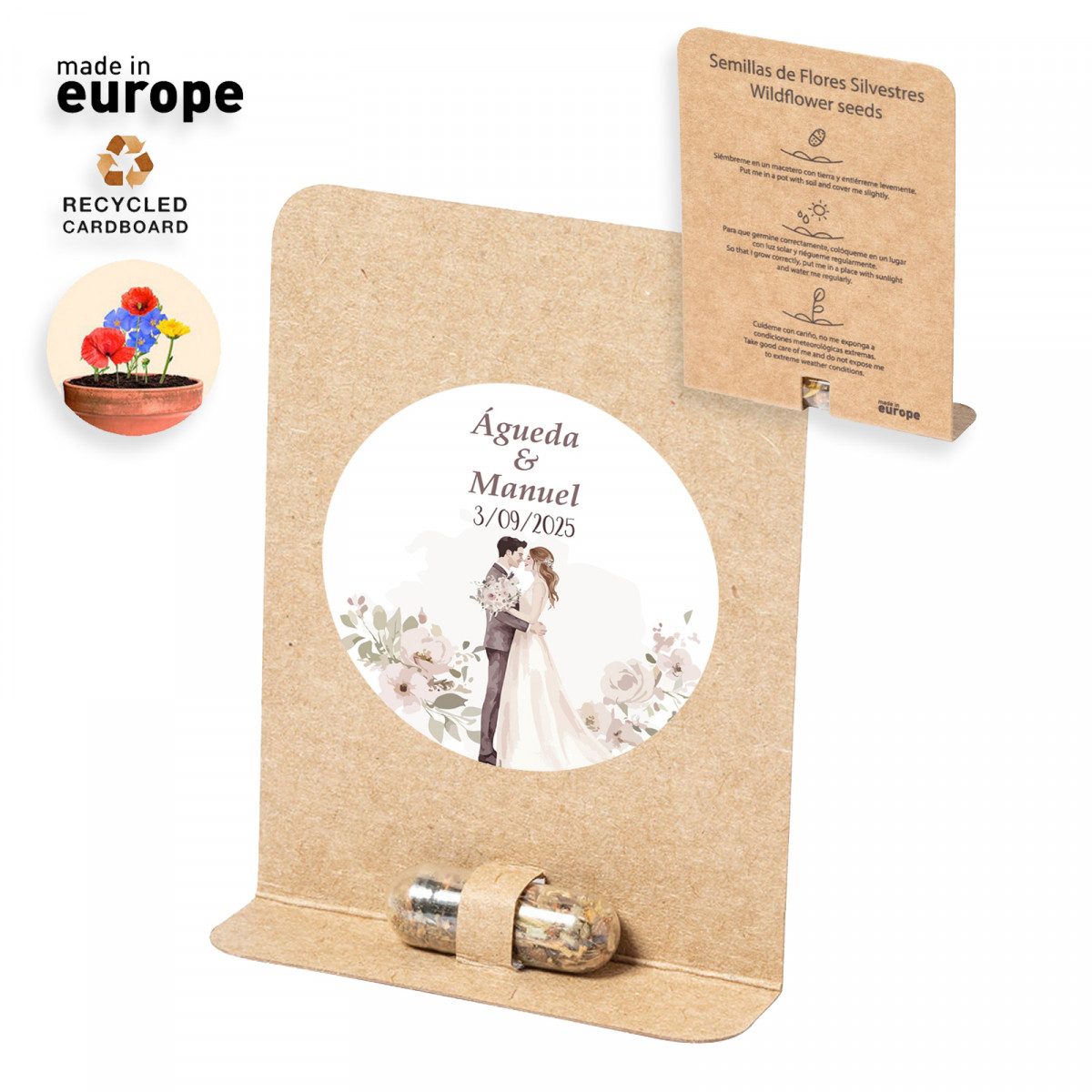 Capsule de graines avec un adhésif personnalisable spécial pour un détail de mariage