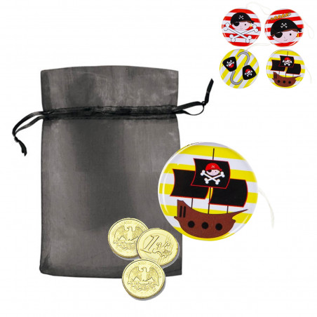 Yoyo pirate métallisé avec pièces en chocolat dans un sachet organza à offrir en cadeau