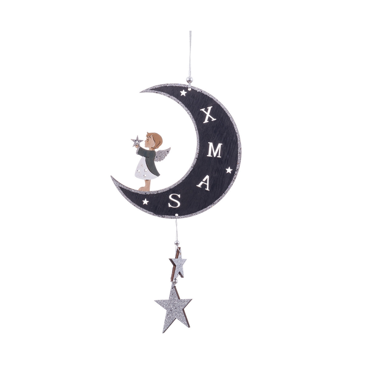 Pendentif lune avec ange de Noël en bois pour décoration