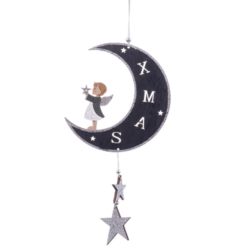 Pendentif lune avec ange de Noël en bois pour décoration