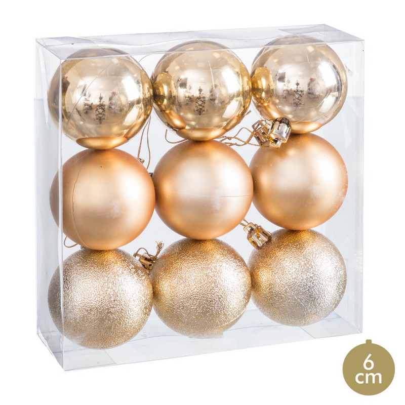 Balles dorées mates, brillantes et pailletées pour décoration de Noël 9 pcs