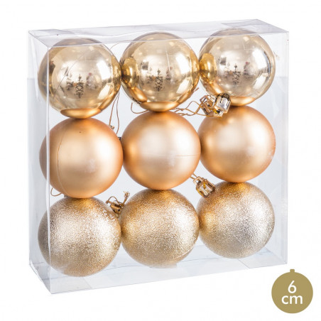 Balles dorées mates, brillantes et pailletées pour décoration de Noël 9 pcs