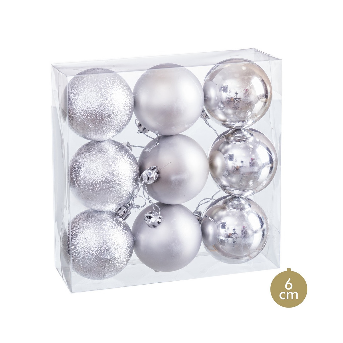 Boule argentée mate, brillance et paillettes pour décoration de Noël 9 unités
