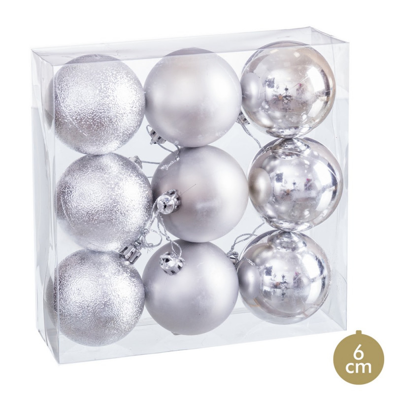 Boule argentée mate, brillance et paillettes pour décoration de Noël 9 unités