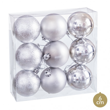 Boule argentée mate, brillance et paillettes pour décoration de Noël 9 unités