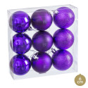 Balles violettes mate, brillance et paillettes pour la décoration de Noël 9 unités