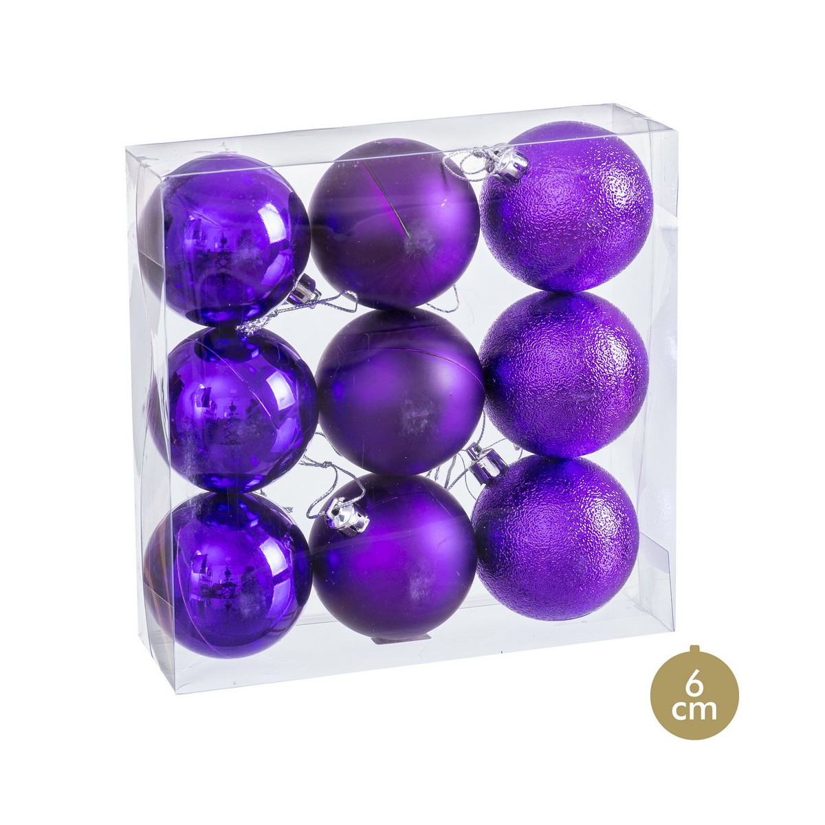 Balles violettes mate, brillance et paillettes pour la décoration de Noël 9 unités