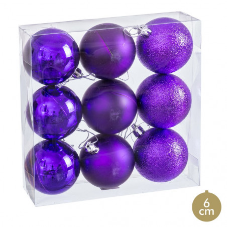Balles violettes mate, brillance et paillettes pour la décoration de Noël 9 unités