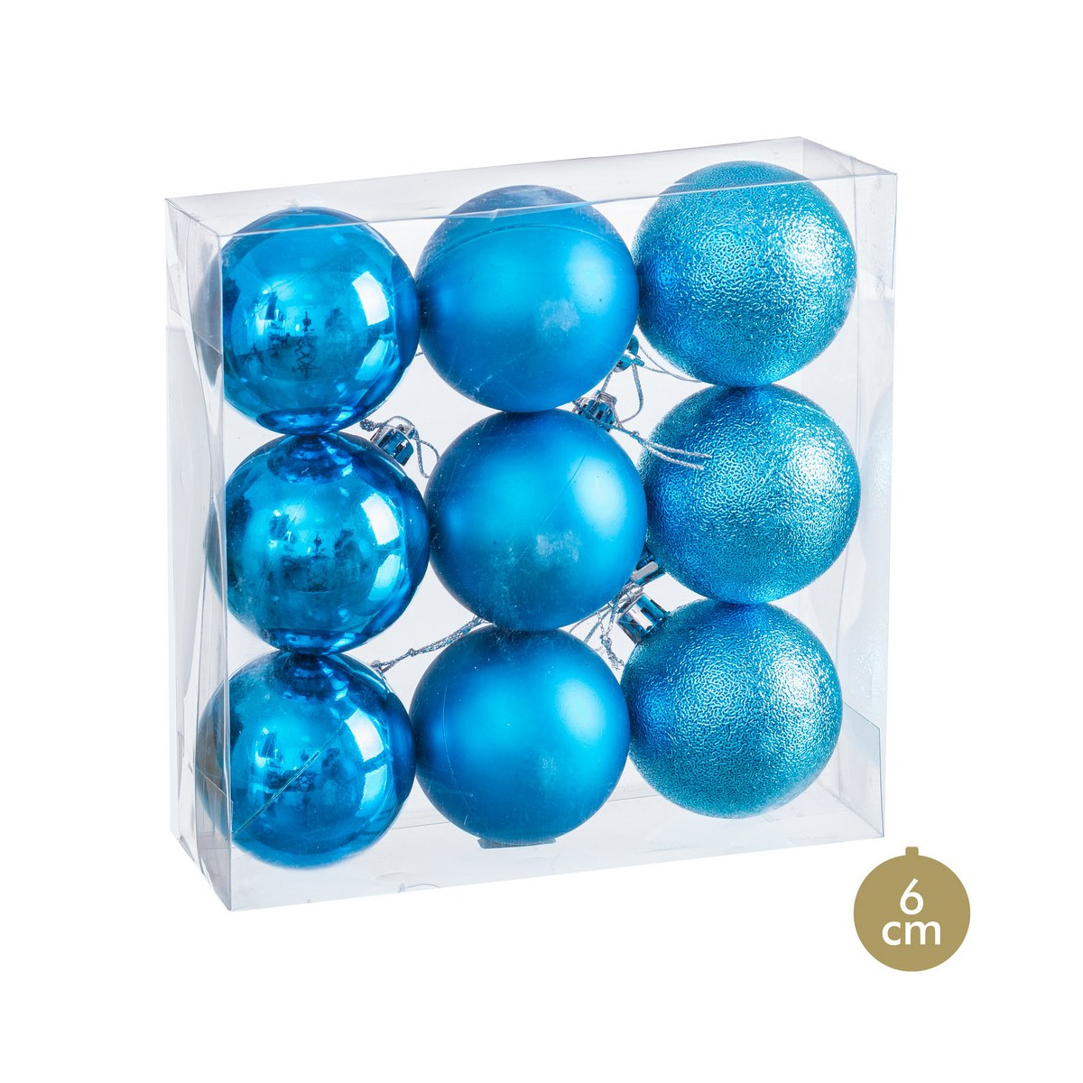 Boules bleu mat, brillance et paillettes pour décoration de Noël 9 unités
