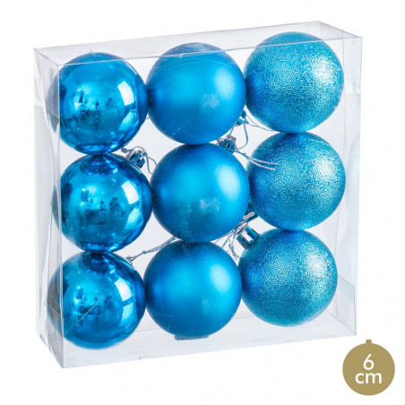 Boules bleu mat, brillance et paillettes pour décoration de Noël 9 unités