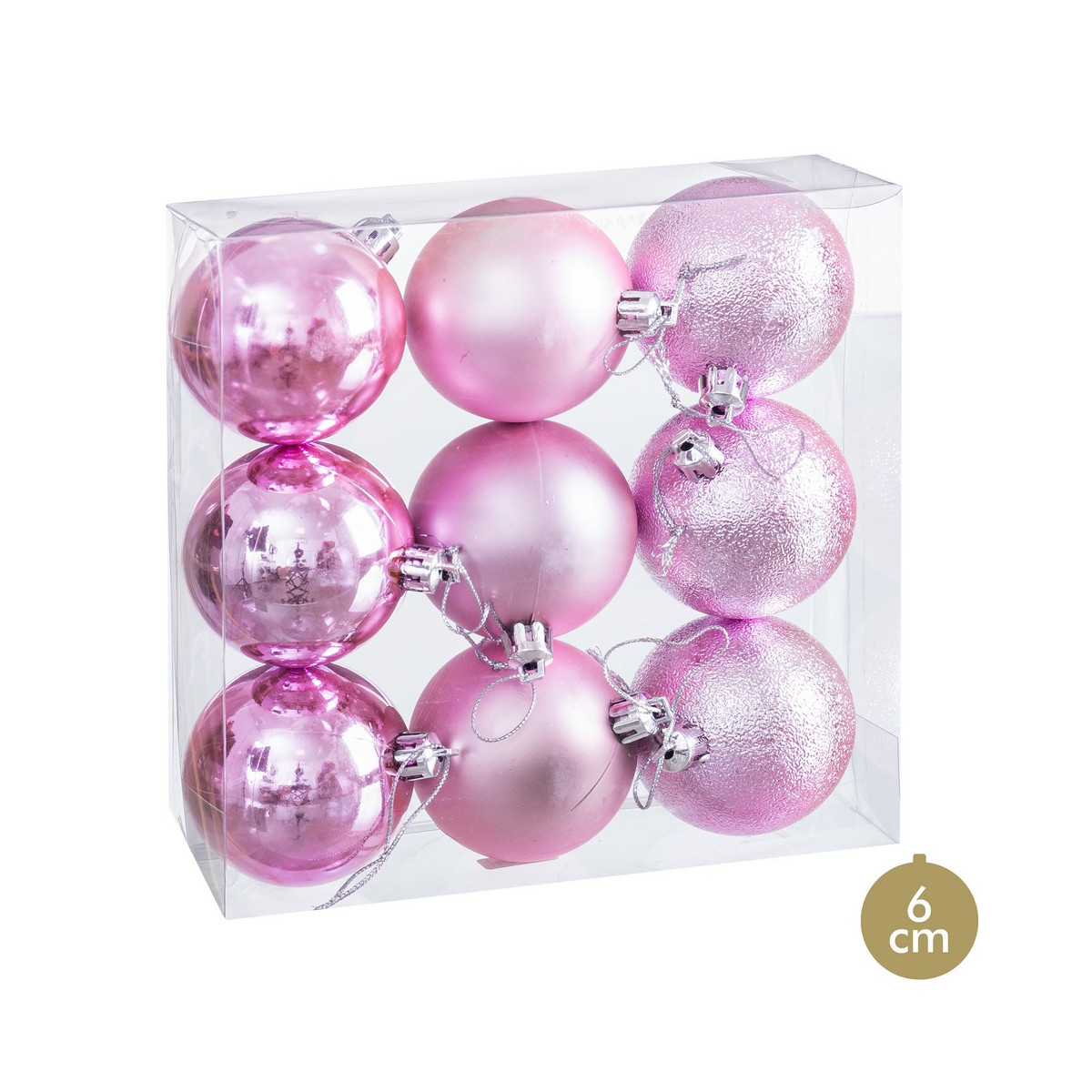Boules roses mates, brillantes et paillettes pour décoration de Noël 9 unités