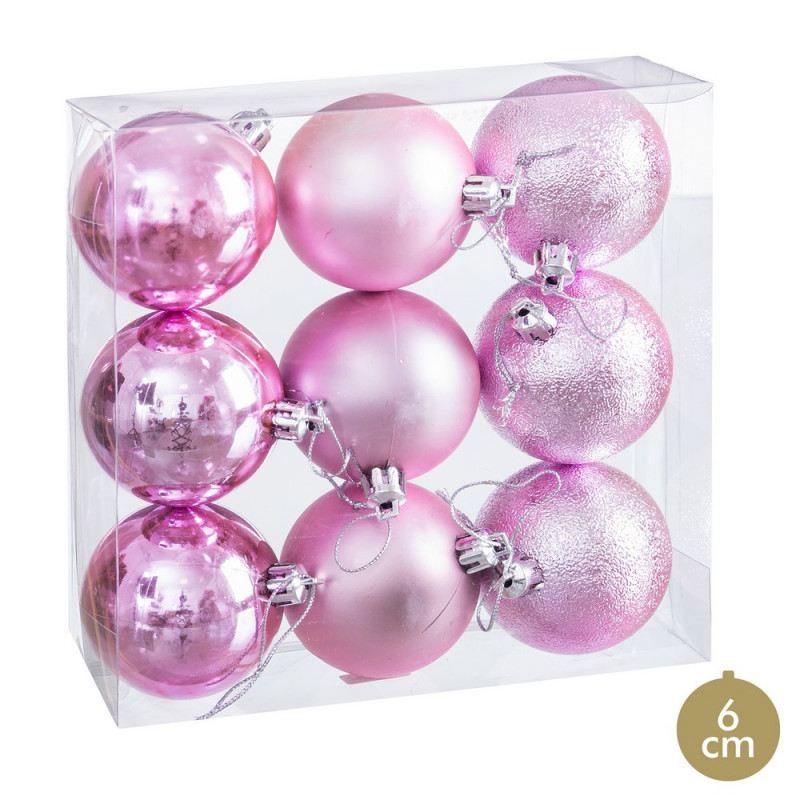 Boules roses mates, brillantes et paillettes pour décoration de Noël 9 unités