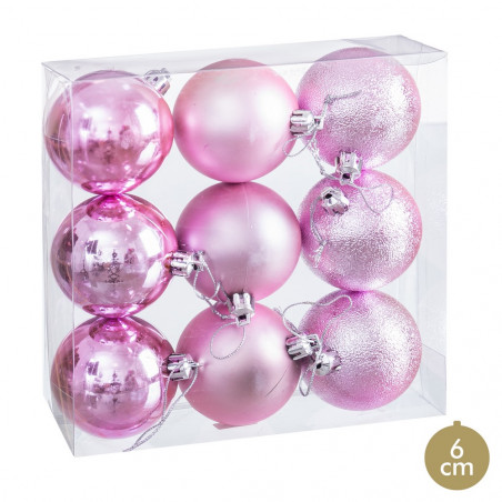 Boules roses mates, brillantes et paillettes pour décoration de Noël 9 unités