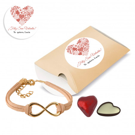 Bracelet infini et chocolat en forme de coeur dans une boîte personnalisée pour mariage ou Saint Valentin