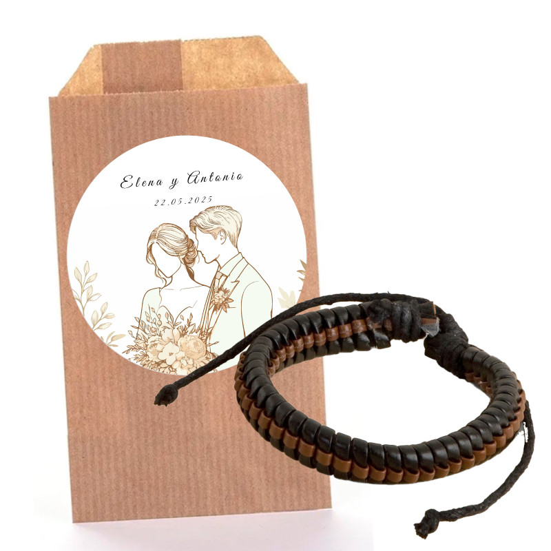 Bracelet tressé pour homme simili cuir dans une enveloppe kraft avec un autocollant personnalisable pour les mariages