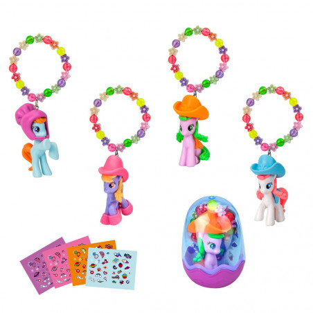 Bracelet avec poney et autocollants et bulleur dans un sac en organza violet avec un autocollant personnalisé pour un cadeau