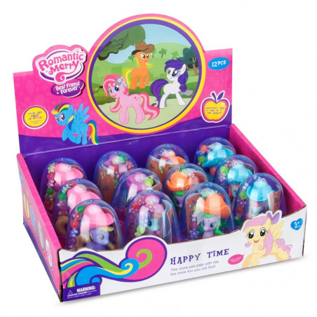 Bracelet avec poney et autocollants et bulleur dans un sac en organza violet avec un autocollant personnalisé pour un cadeau