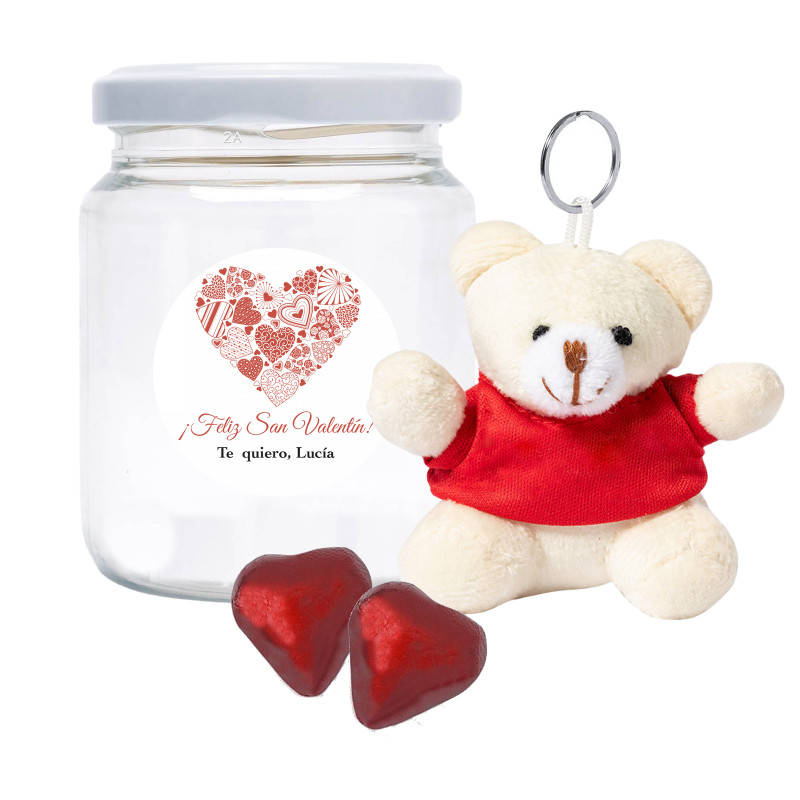 Porte-clé en forme d'ours et bonbons en cœur dans un pot personnalisé avec un autocollant romantique à offrir