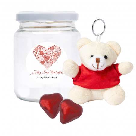 Porte-clés ours et chocolats coeur dans un pot personnalisé avec autocollant romantique à offrir en cadeau