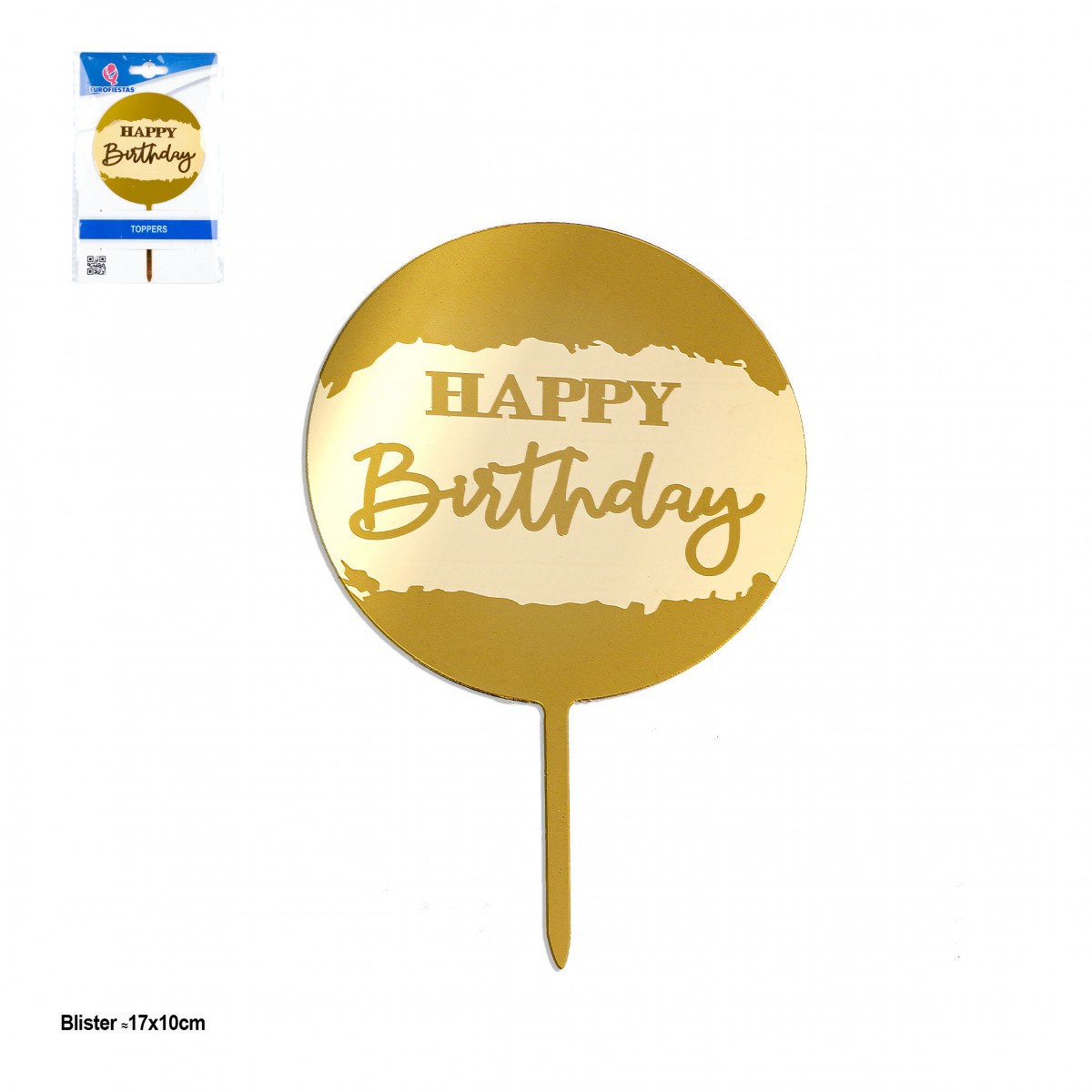 Topper circulaire avec les mots Happy Birthday en blanc et or pour décorer