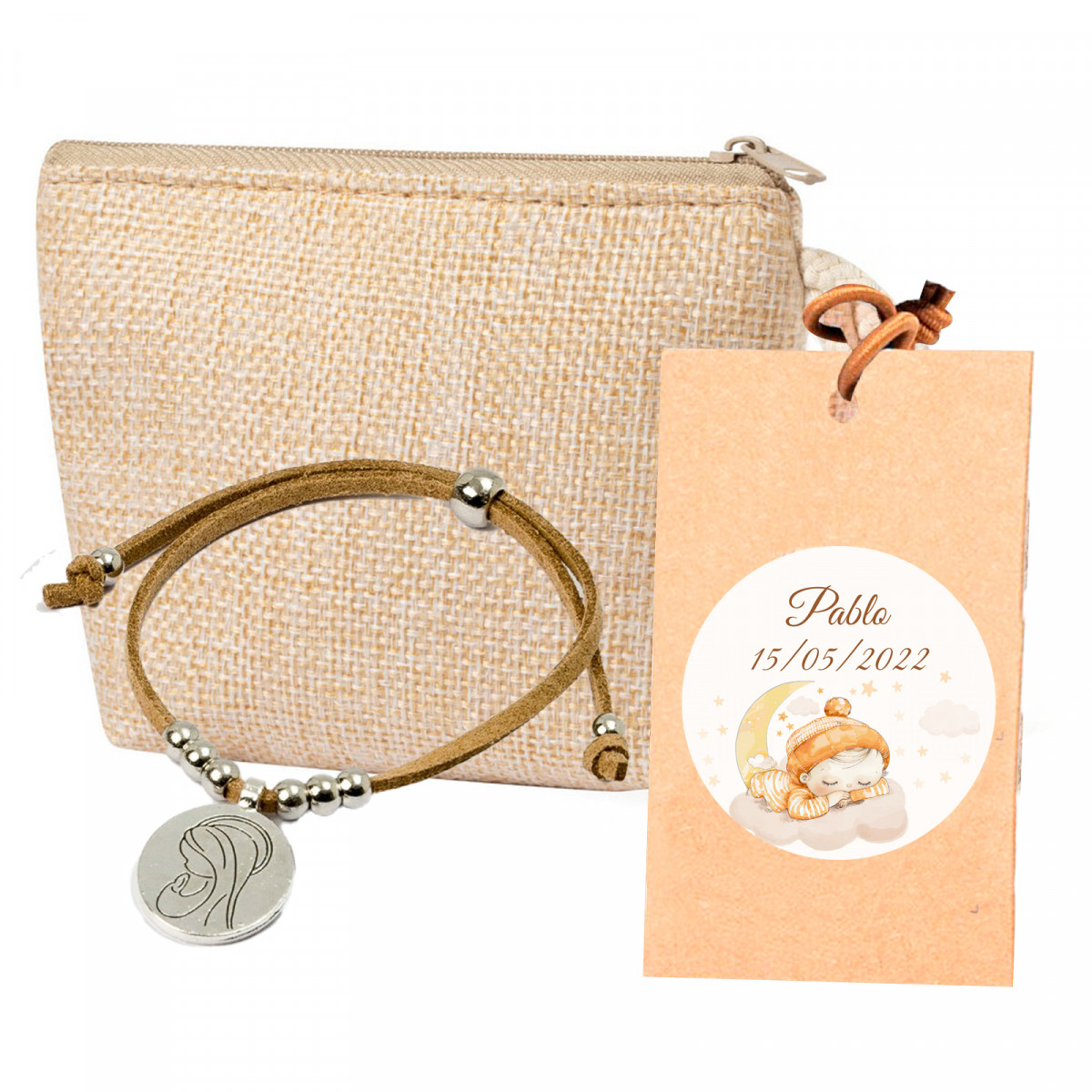 Bracelet avec médaille de la Vierge Marie dans un porte-monnaie et étiquette suspendue personnalisée avec autocollant à offrir