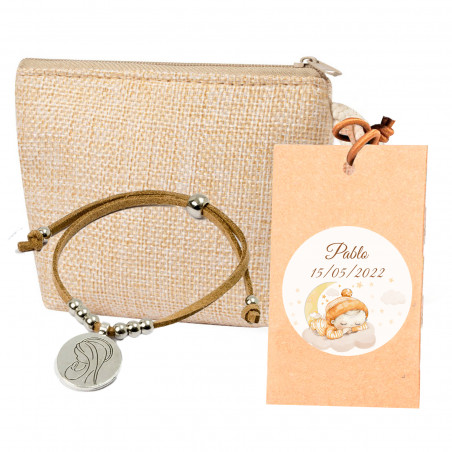 Bracelet avec médaille de la Vierge Marie dans un porte-monnaie et étiquette suspendue personnalisée avec autocollant à offrir