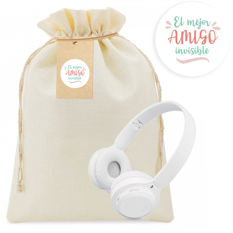 Casque bluetooth blanc pliable dans un sac en tissu avec étiquette et autocollant personnalisable à offrir