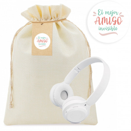 Écouteurs Bluetooth blancs pliables dans une pochette en tissu avec étiquette et autocollant personnalisable à offrir en cadeau