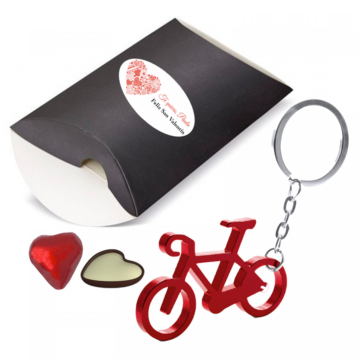 Porte-clés de vélo rouge et chocolat en boîte noire personnalisée, détail de mariage ou Saint-Valentin