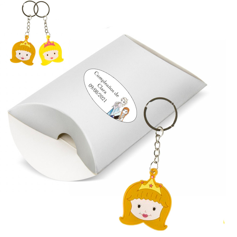 Porte-clés princesse dans une boîte rose avec un autocollant Frozen personnalisable pour les détails