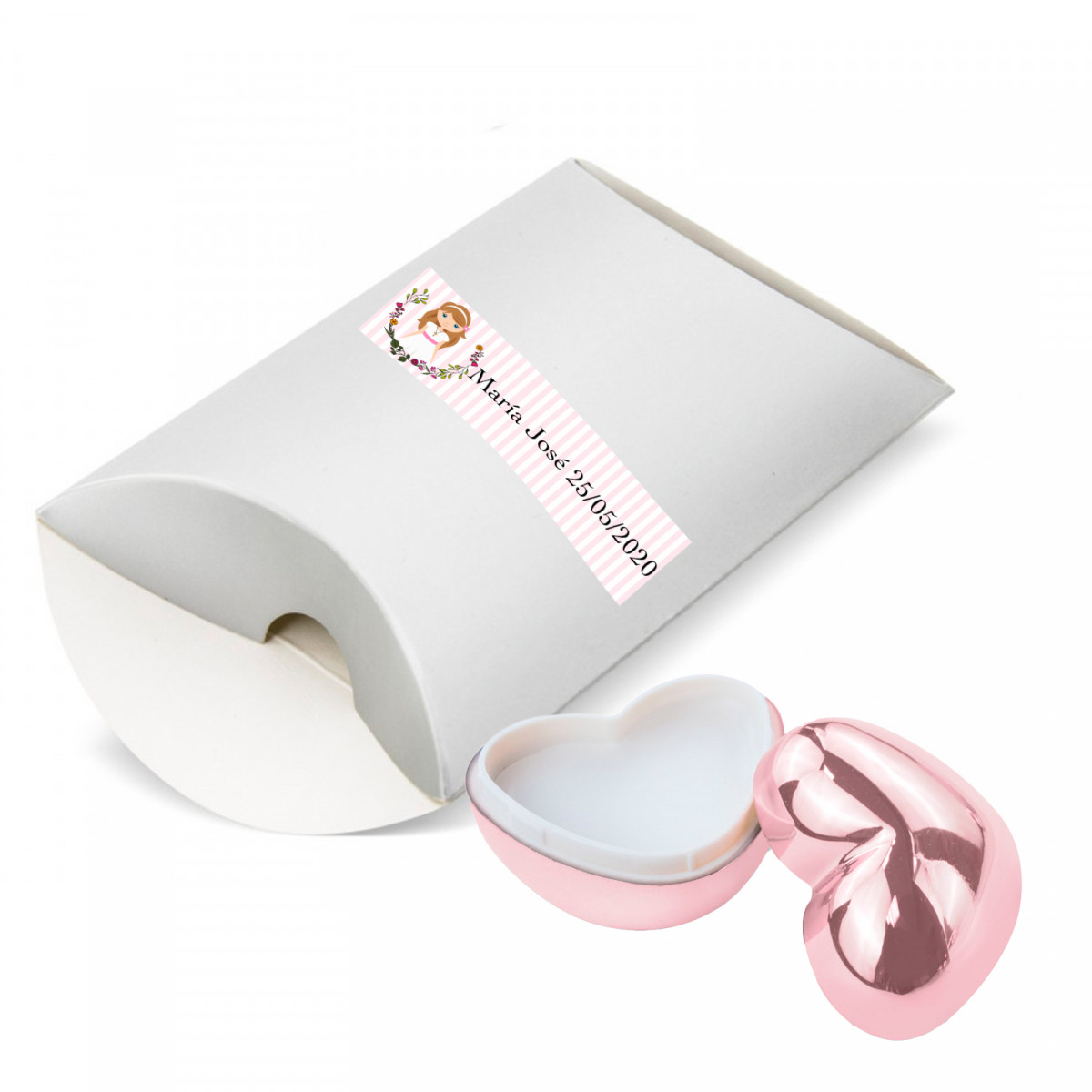 Baume à lèvres en forme de cœur dans une boîte avec autocollant communion fille pour plus de détails
