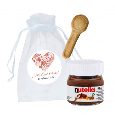 Nutella 25gr. avec cuillère à biscuits dans un sachet en organza blanc et autocollant personnalisé pour la Saint-Valentin et