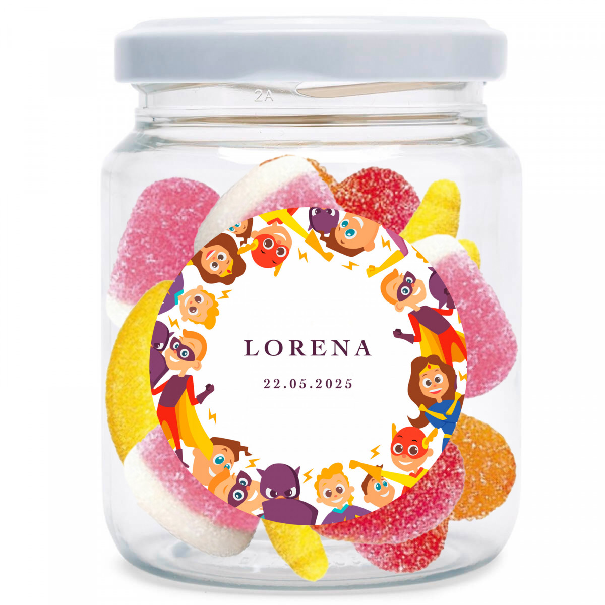 Pot de bonbons personnalisé avec autocollant de super-héros et assortiment de gommes pour enfants.