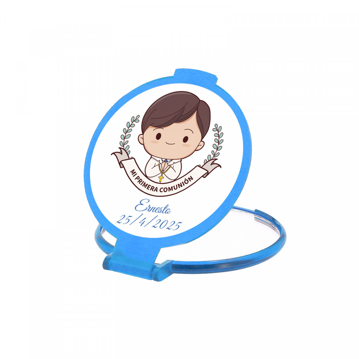 Miroir pliable bleu avec autocollant personnalisable pour enfant de première communion à offrir