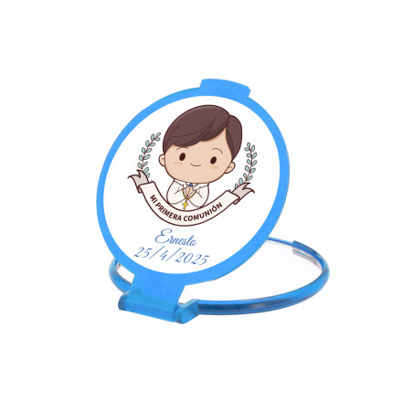Miroir pliable bleu avec autocollant personnalisable pour enfant de première communion à offrir