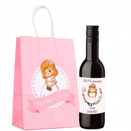 Vin rouge personnalisé dans un sachet pour les détails de la première communion d'une fille