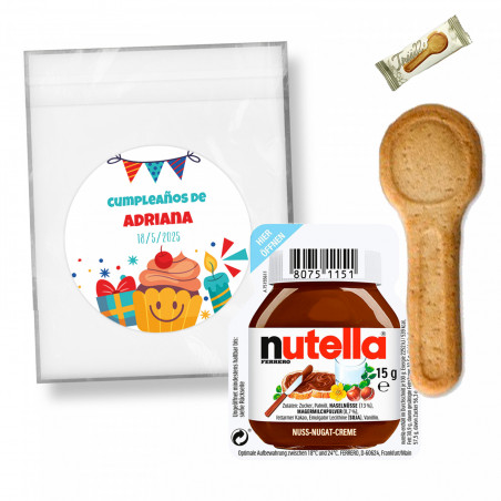 Nutella 15 gr avec cuillère à biscuit dans un sachet personnalisé avec autocollant personnalisable pour plus de détails