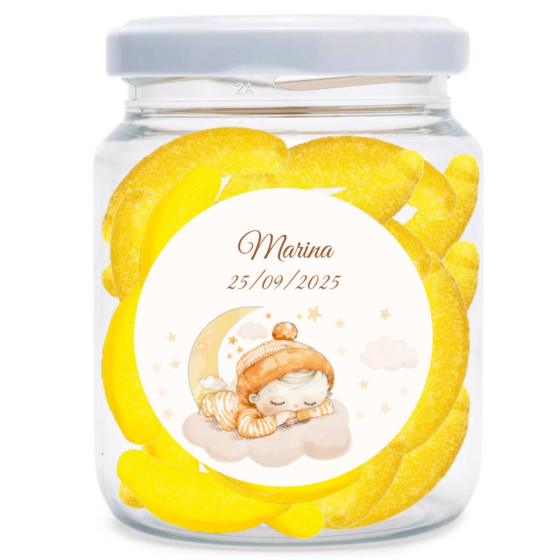 Bocal de bonbons en forme de banane personnalisé avec autocollant de bébé pour baptêmes