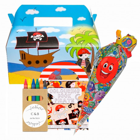 Cornet de bonbons avec livre à colorier et boîte de crayons personnalisée dans une boîte pirate pour les détails