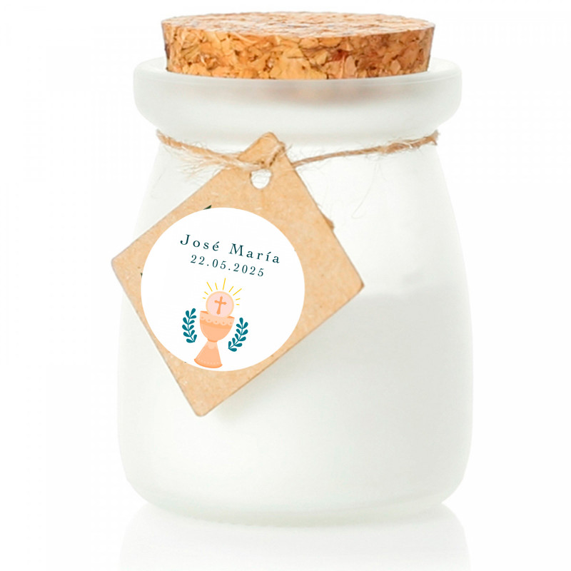 Bougie aromatique avec carte personnalisée au design calice pour les détails de la première communion
