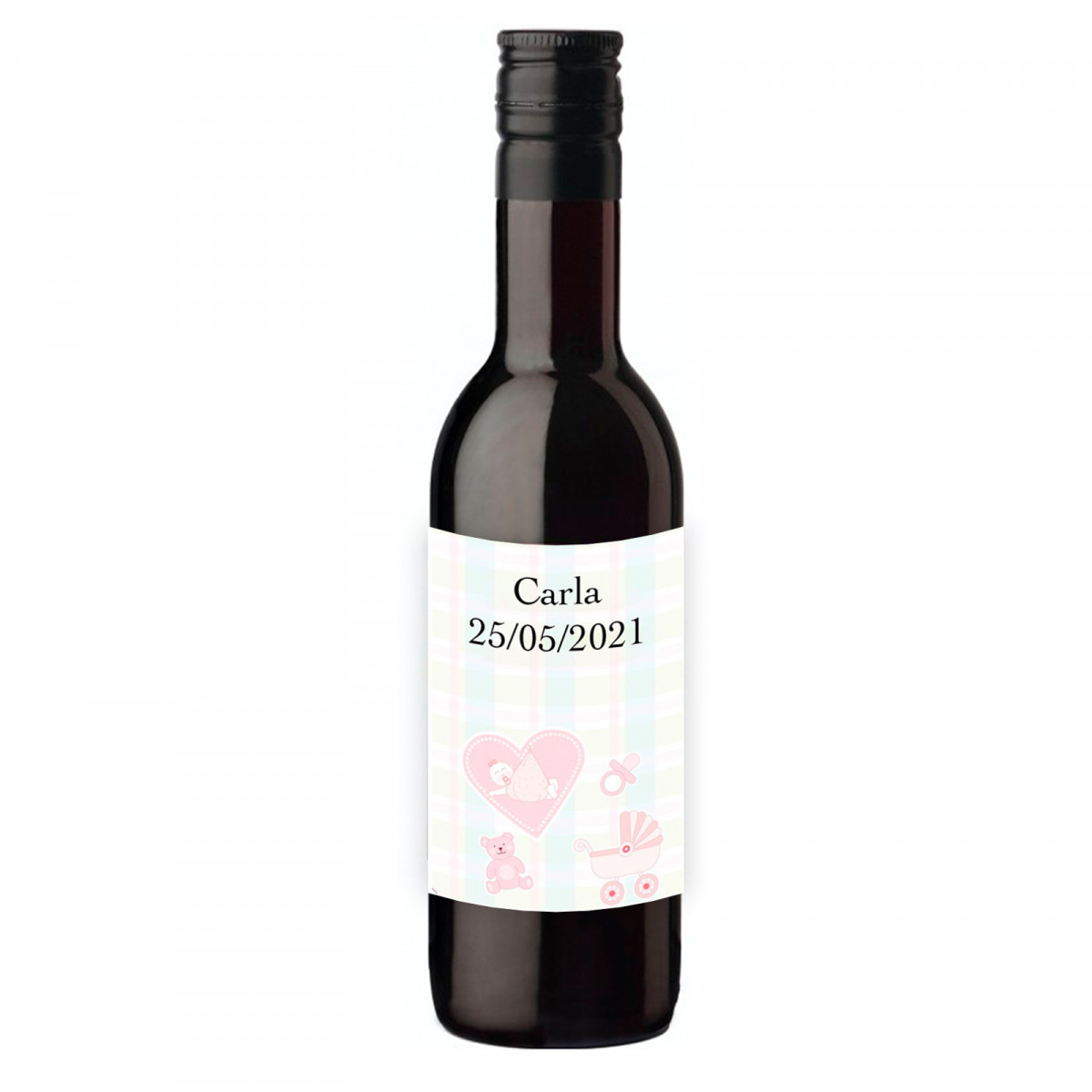 Vin rouge avec autocollant personnalisé pour les détails du baptême